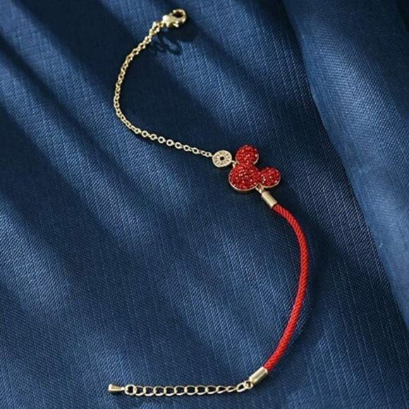 18K Yellow Gold with Ruby Crystal and Cubic Zirconia Mickey Mouse Charm Bracelet - Picture 4 of 7